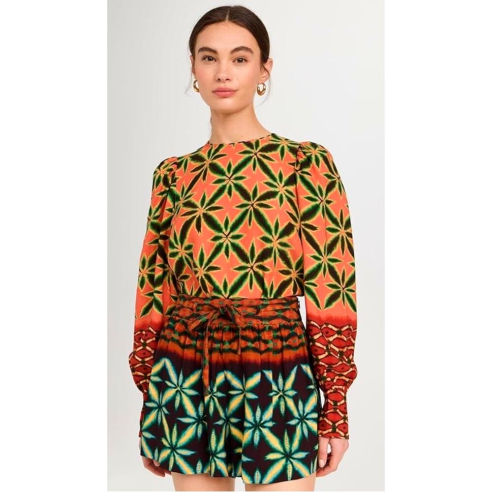 NWT Ulla Johnson Lilliana Crepe Blouse Fresco Orange Green Geometric Print Top 2